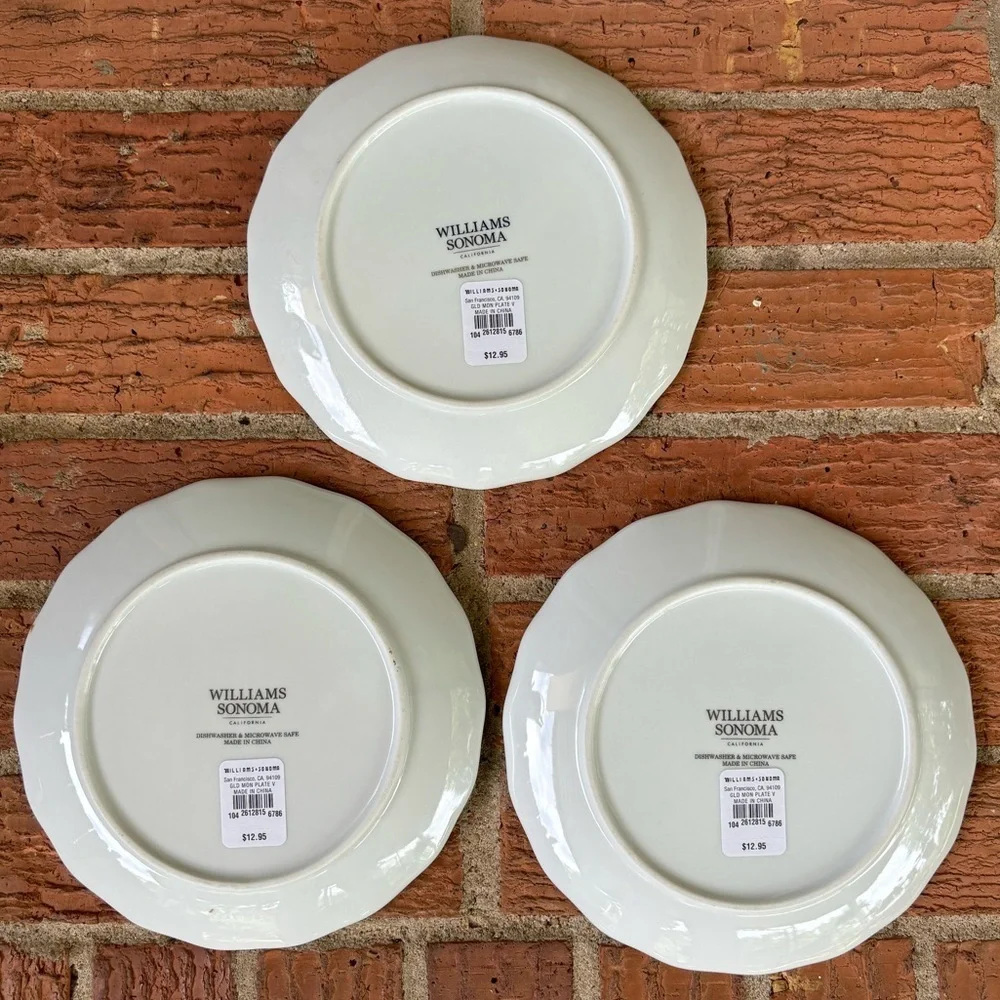 Set of 3 New Williams Sonoma White & Gold Monogram Initial V Appetizer Plates